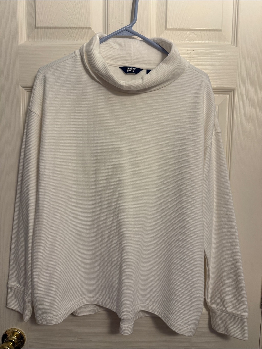 Lands' End White Waffle-Knit Funnel Neck Sweatshirt